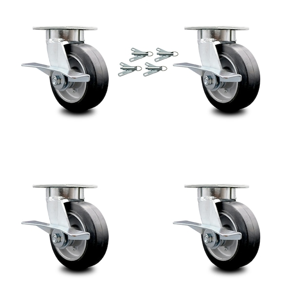 6 Inch Kingpinless Rubber on Aluminum Wheel Caster Set Brake and Swivel Lock SCC